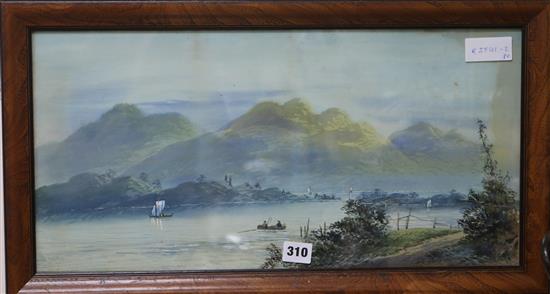 E. Earp, c.1900, pair of watercolours, lake scenes, 25 x 52.5cm